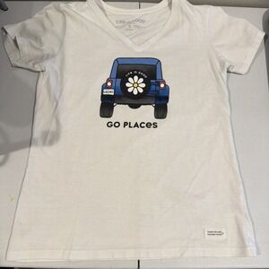 Life is Good  Jeep Go Places Womens Short Sleeved Crusher T White V-Neck  Size S